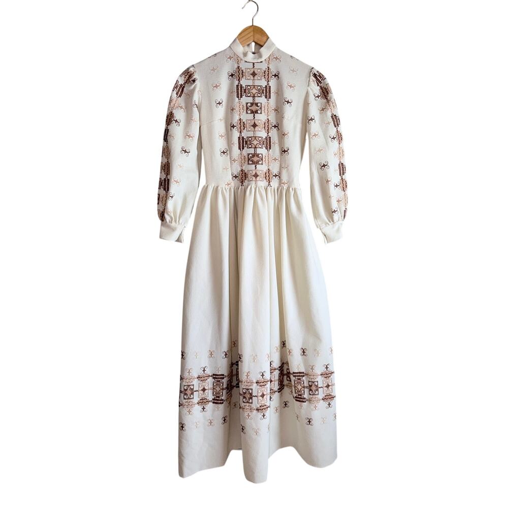 Vintage 70s Handmade Maxi Dress Brown boho retro Border Print Puff Sleeve small